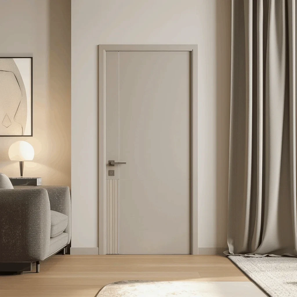 Modern mimariye uygun Bursa Uludor serisi lake iç oda kapısı tasarımı, gri tonlarda minimalist ev dekorasyonu ve yüksek kaliteli iç mekan kapı modelleri görünümü.